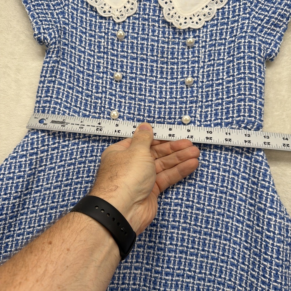 Janie and Jack Tweed Dress Girls 8 Blue White Eyelet Collar Party - Picture 5 of 9